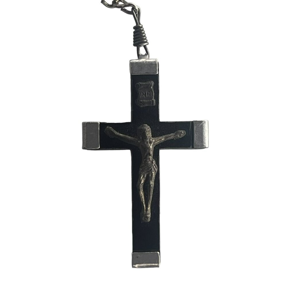 Vintage Traditional Black Beaded Rosary Beads INRI Prayer 20 in - Picture 2 of 5